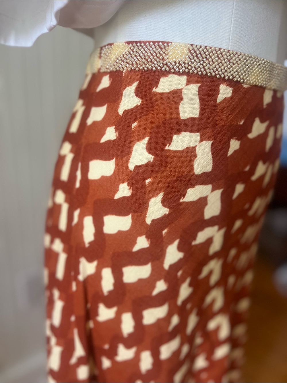 Zara Printed Maxi Skirt Beaded Waist Rust Cream A-Line NWT Women's Size Medium - Picture 3 of 6